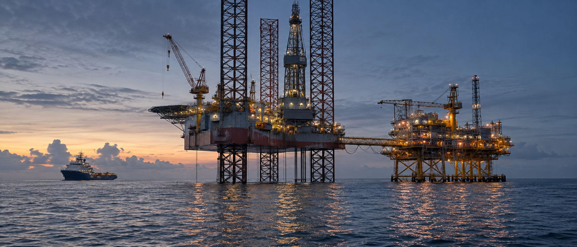 Jack-up rig and offshore platform operating at dawn